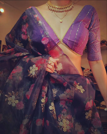 Purple Digital Print Organza Saree with Golden Zari Embroidery Blouse