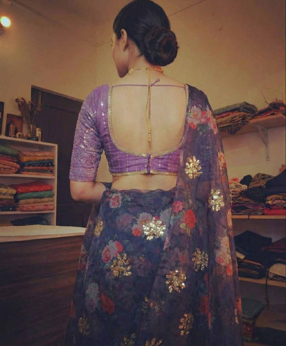 Purple Digital Print Organza Saree with Golden Zari Embroidery Blouse