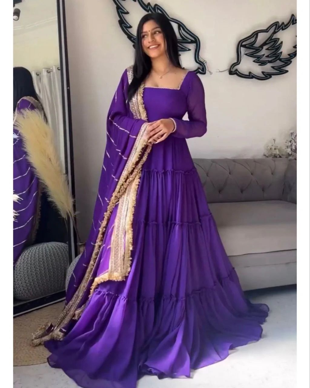 Purple Faux Georgette Ruffle Anarkali Set with Sequin Work Dupatta