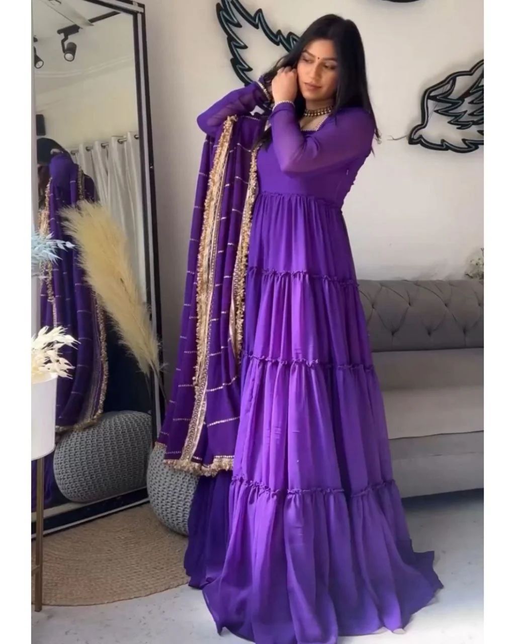 Purple Faux Georgette Ruffle Anarkali Set with Sequin Work Dupatta