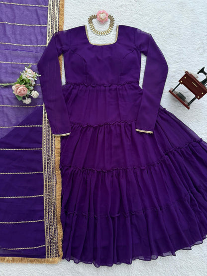 Purple Faux Georgette Ruffle Anarkali Set with Sequin Work Dupatta
