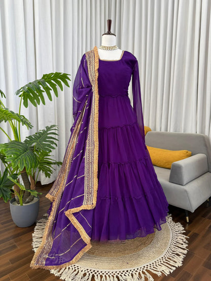 Purple Faux Georgette Ruffle Anarkali Set with Sequin Work Dupatta