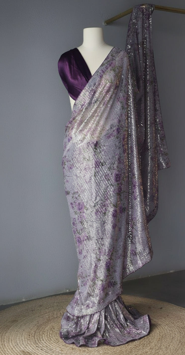 Purple Georgette Digital Print Saree with Full Sequins Contrast Border