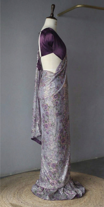 Purple Georgette Digital Print Saree with Full Sequins Contrast Border
