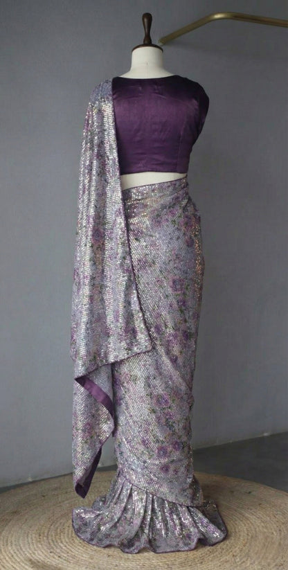 Purple Georgette Digital Print Saree with Full Sequins Contrast Border