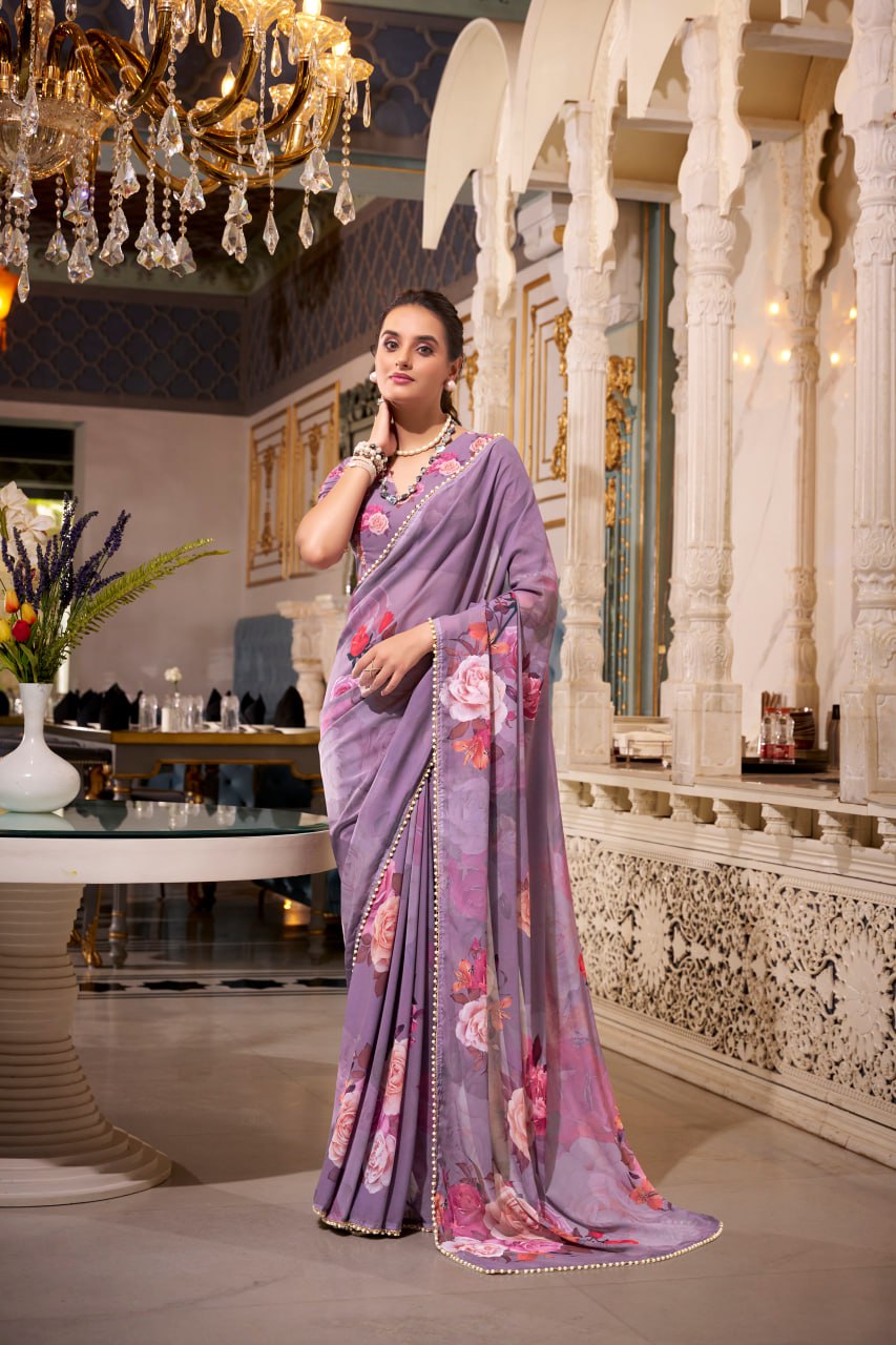 Purple Georgette Floral Print Saree with Pearl Lace Border