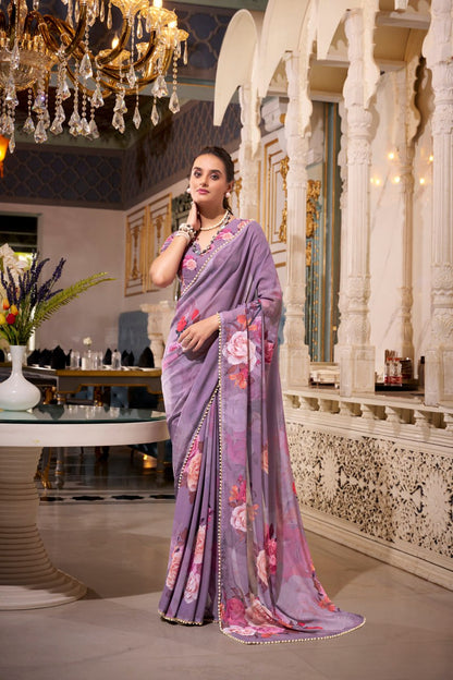 Purple Georgette Floral Print Saree with Pearl Lace Border