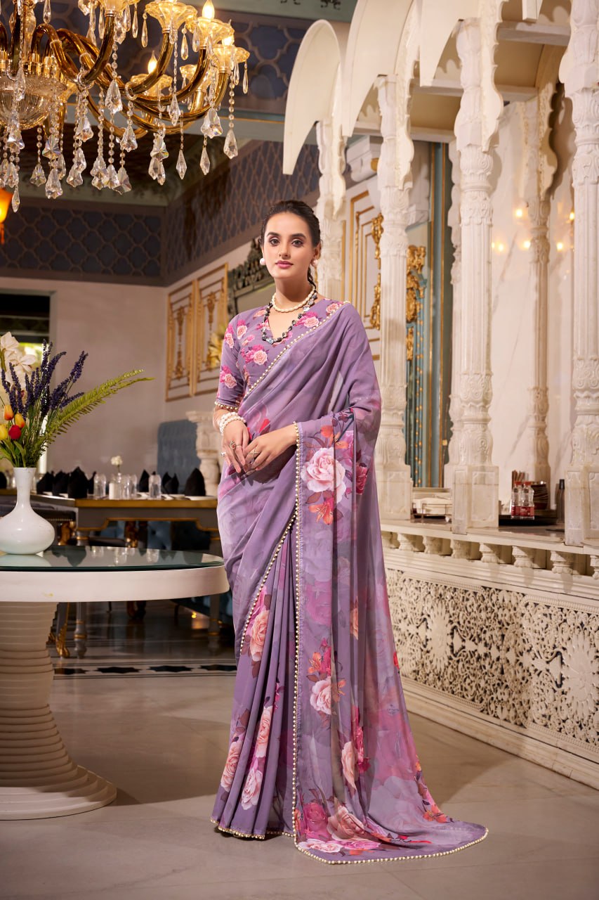 Purple Georgette Floral Print Saree with Pearl Lace Border