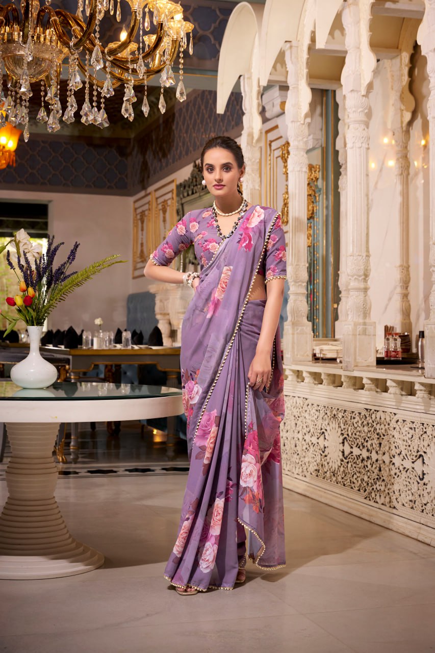 Purple Georgette Floral Print Saree with Pearl Lace Border