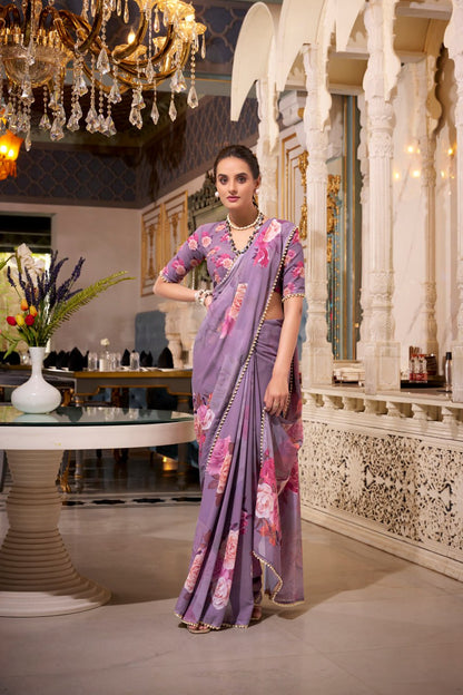 Purple Georgette Floral Print Saree with Pearl Lace Border