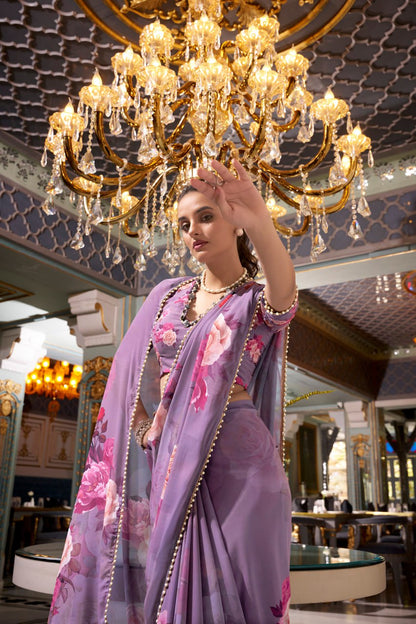 Purple Georgette Floral Print Saree with Pearl Lace Border