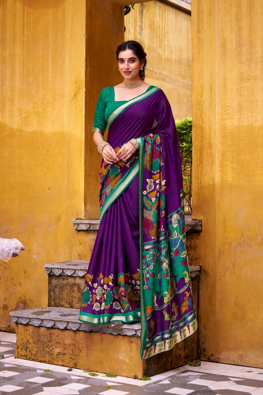 Purple Kalamkari Print Chanderi Saree with Zari Weaving Border