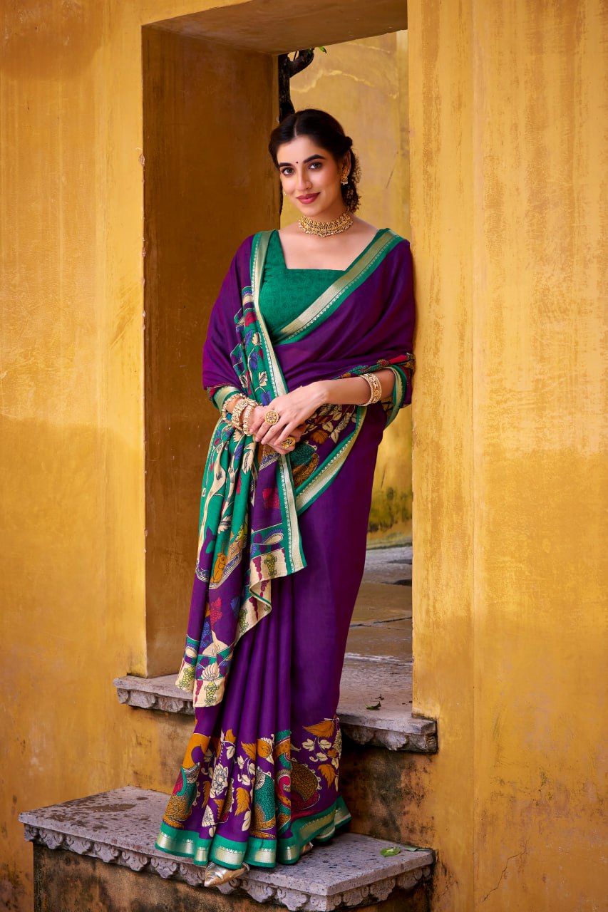 Purple Kalamkari Print Chanderi Saree with Zari Weaving Border