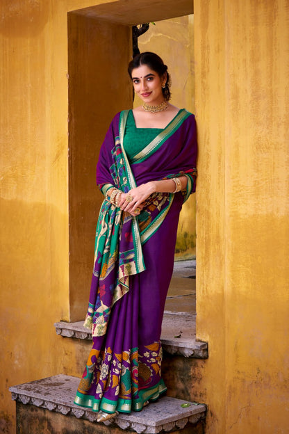Purple Kalamkari Print Chanderi Saree with Zari Weaving Border