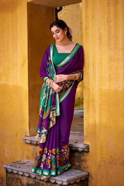 Purple Kalamkari Print Chanderi Saree with Zari Weaving Border