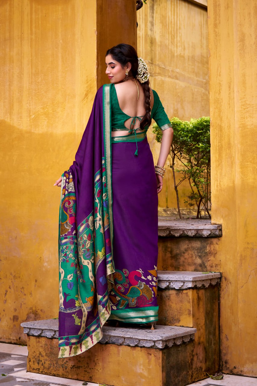 Purple Kalamkari Print Chanderi Saree with Zari Weaving Border