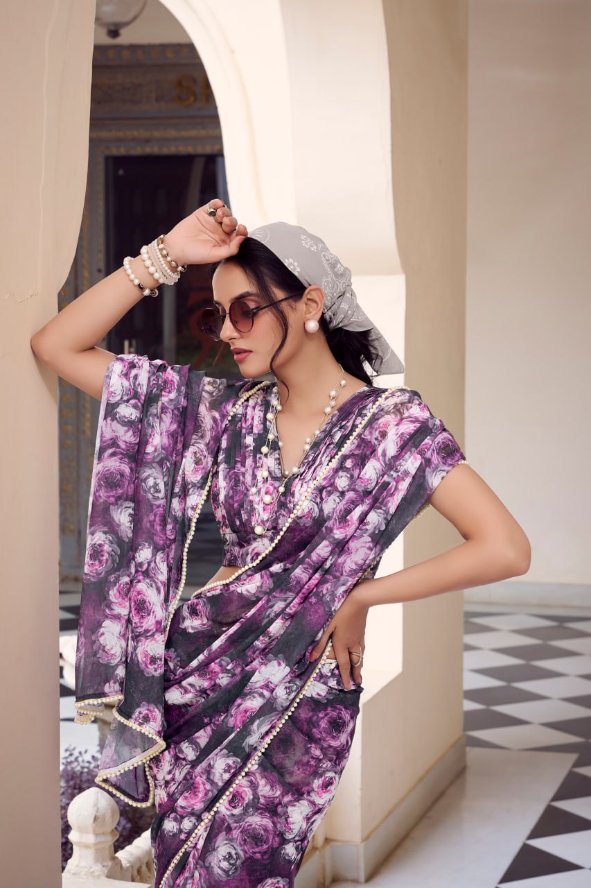 Purple Marble Print Weightless Saree with Pearl Lace Border Floral Blouse