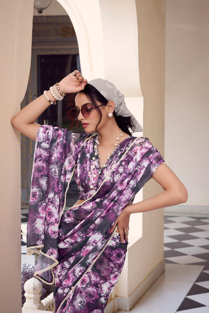 Purple Marble Print Weightless Saree with Pearl Lace Border Floral Blouse