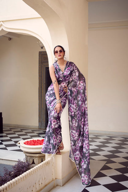 Purple Marble Print Weightless Saree with Pearl Lace Border Floral Blouse