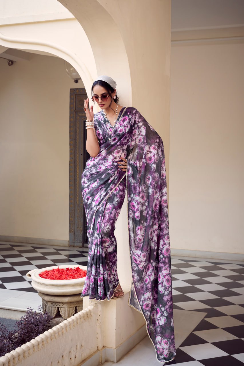 Purple Marble Print Weightless Saree with Pearl Lace Border Floral Blouse
