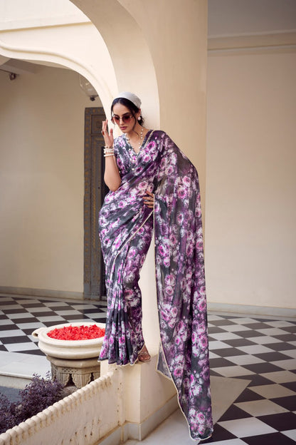 Purple Marble Print Weightless Saree with Pearl Lace Border Floral Blouse