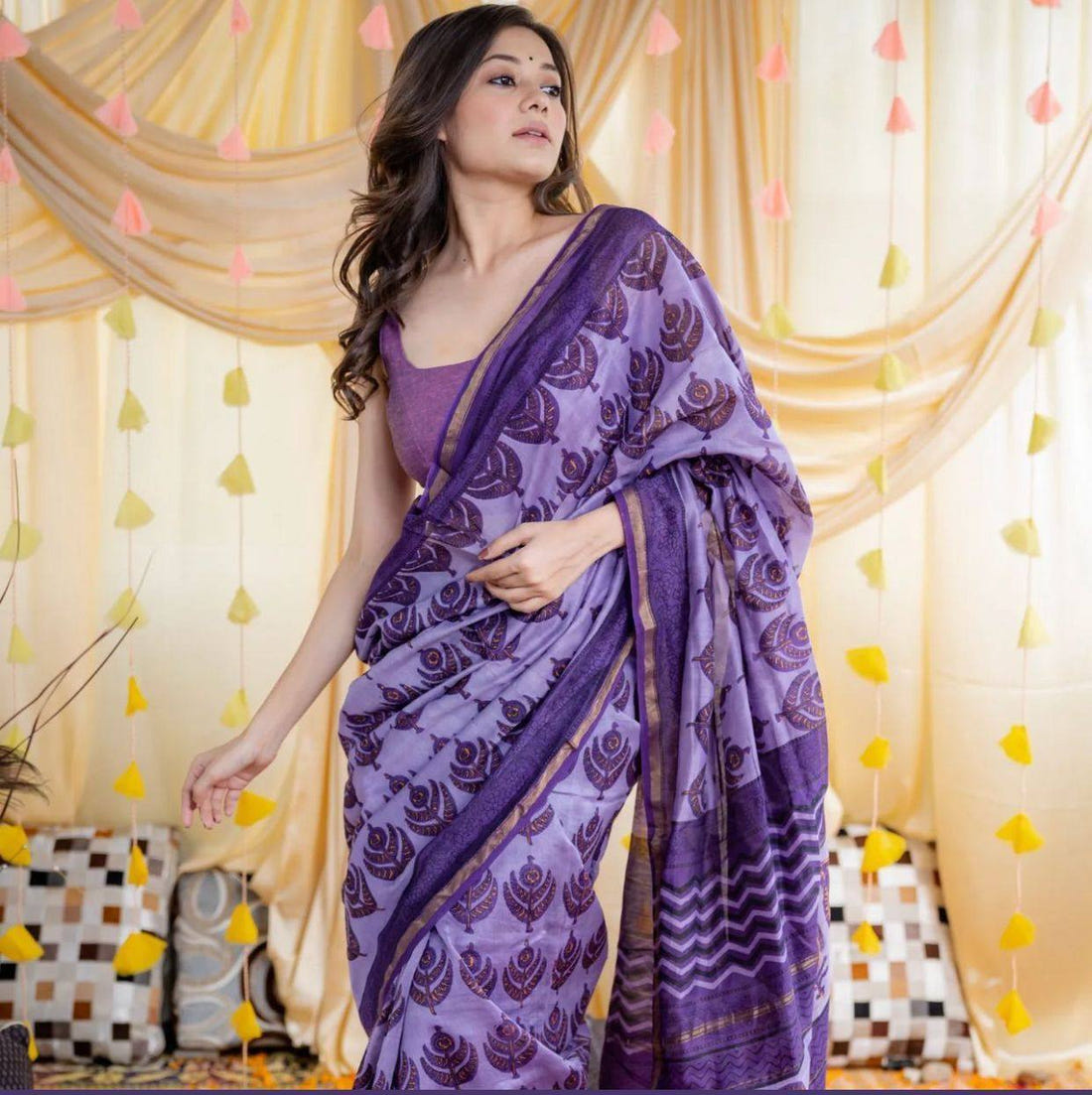 Purple Mulmul Cotton Digital Print Saree with Matching Mulmul Blouse