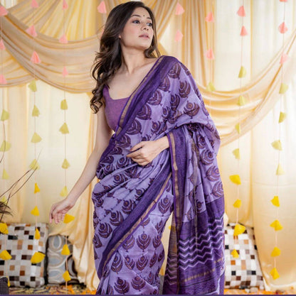 Purple Mulmul Cotton Digital Print Saree with Matching Mulmul Blouse