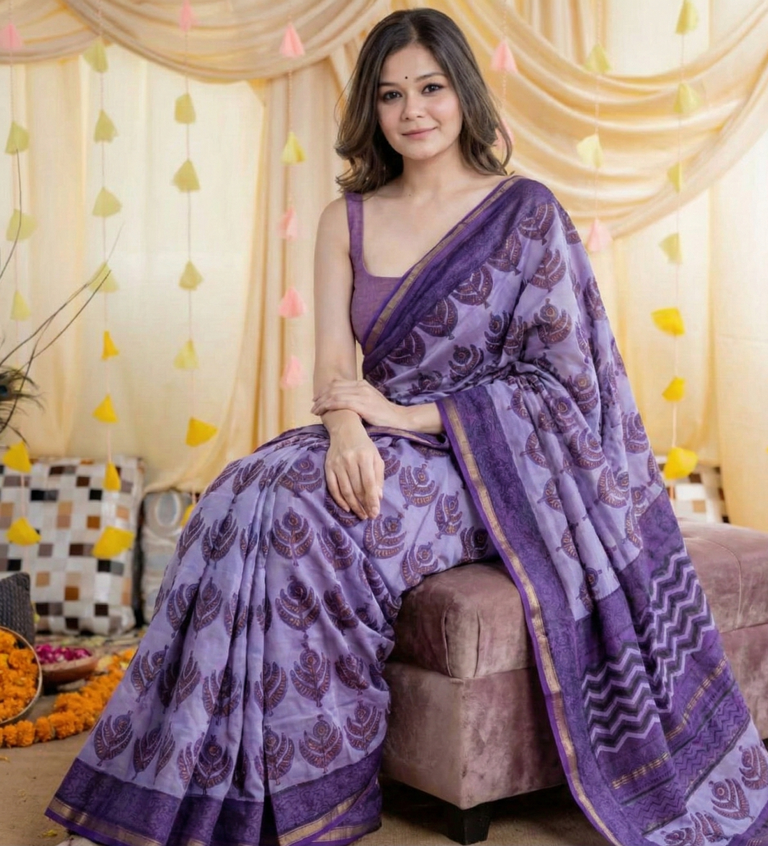 Purple Mulmul Cotton Digital Print Saree with Matching Mulmul Blouse