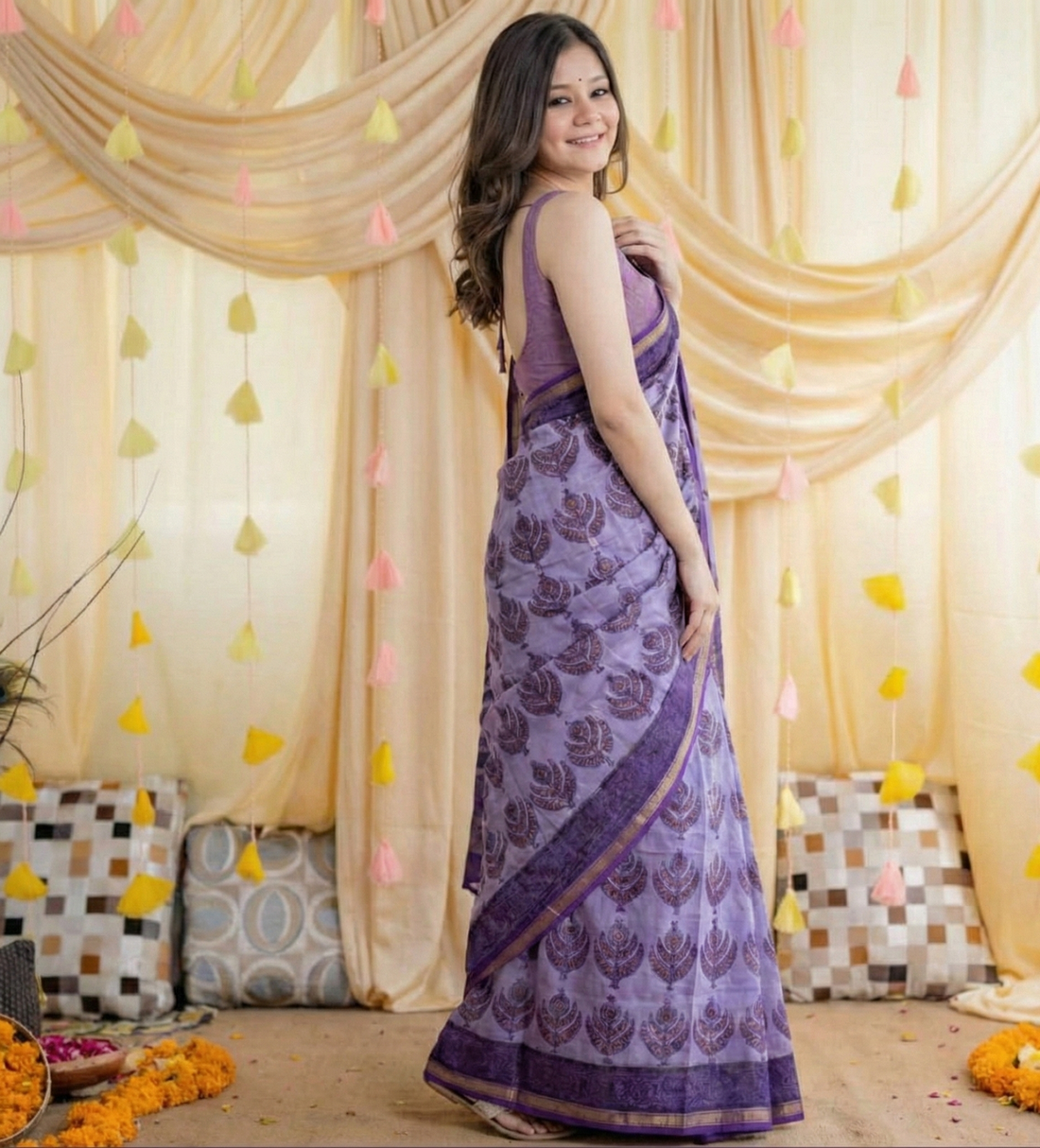 Purple Mulmul Cotton Digital Print Saree with Matching Mulmul Blouse