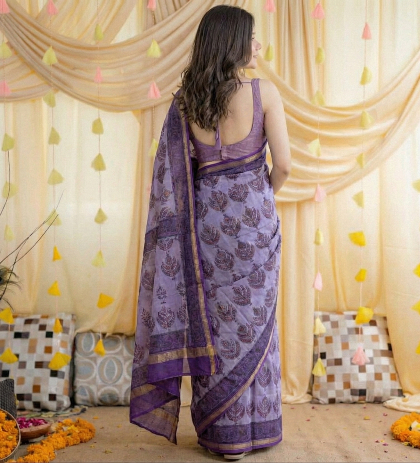 Purple Mulmul Cotton Digital Print Saree with Matching Mulmul Blouse