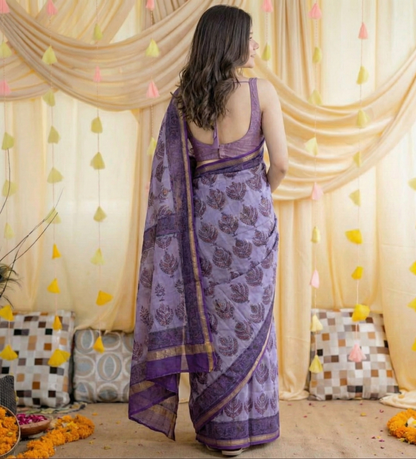 Purple Mulmul Cotton Digital Print Saree with Matching Mulmul Blouse