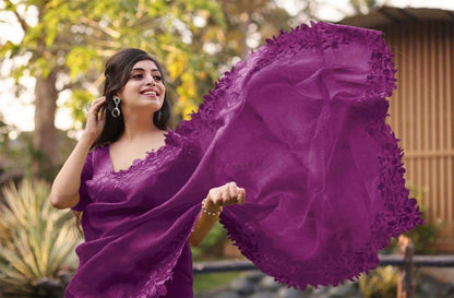 Purple Organza Embroidered Saree with Cutwork Border Buti Work Blouse