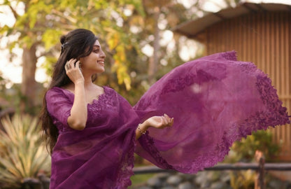 Purple Organza Embroidered Saree with Cutwork Border Buti Work Blouse