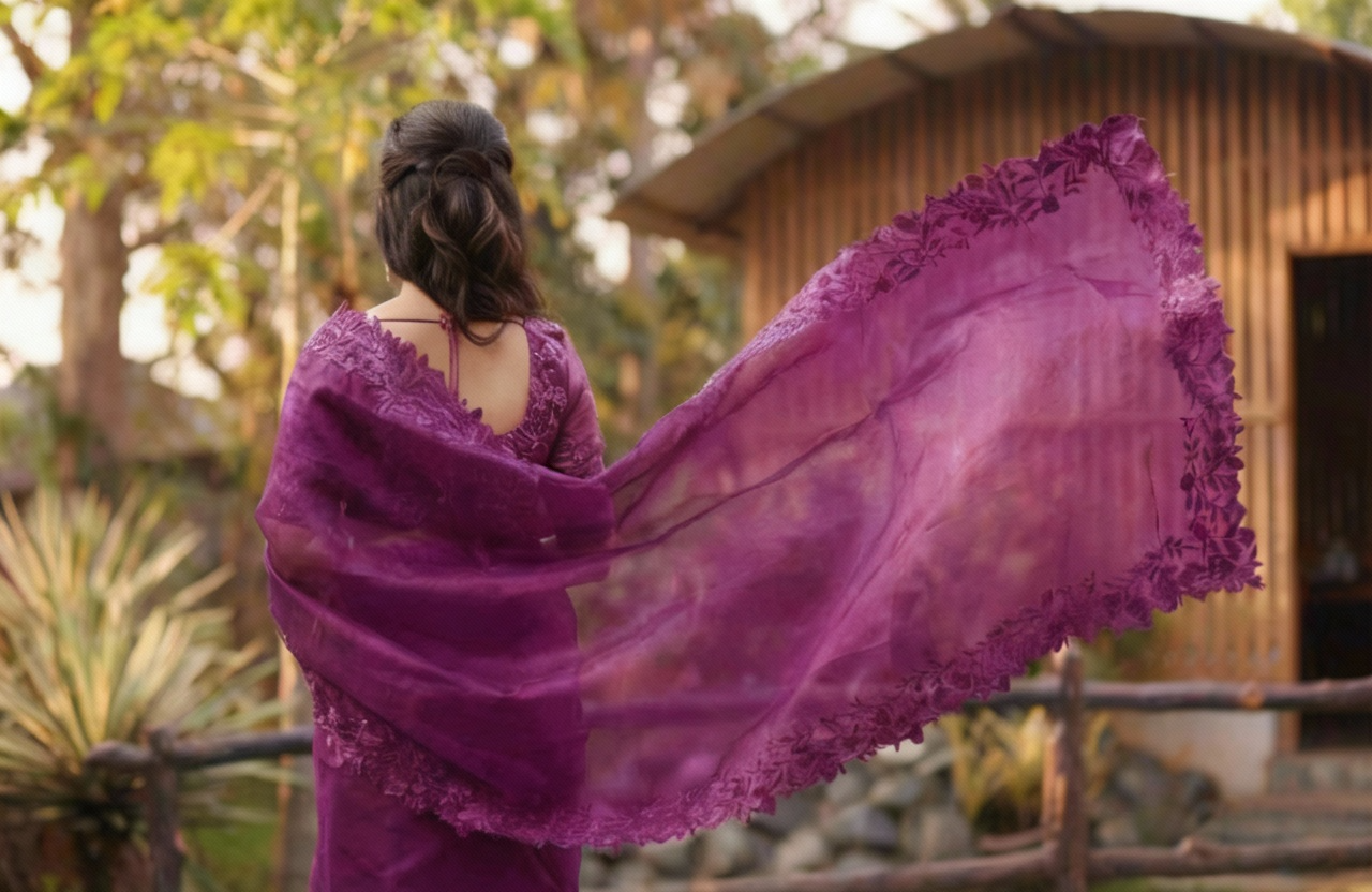 Purple Organza Embroidered Saree with Cutwork Border Buti Work Blouse