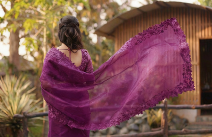 Purple Organza Embroidered Saree with Cutwork Border Buti Work Blouse