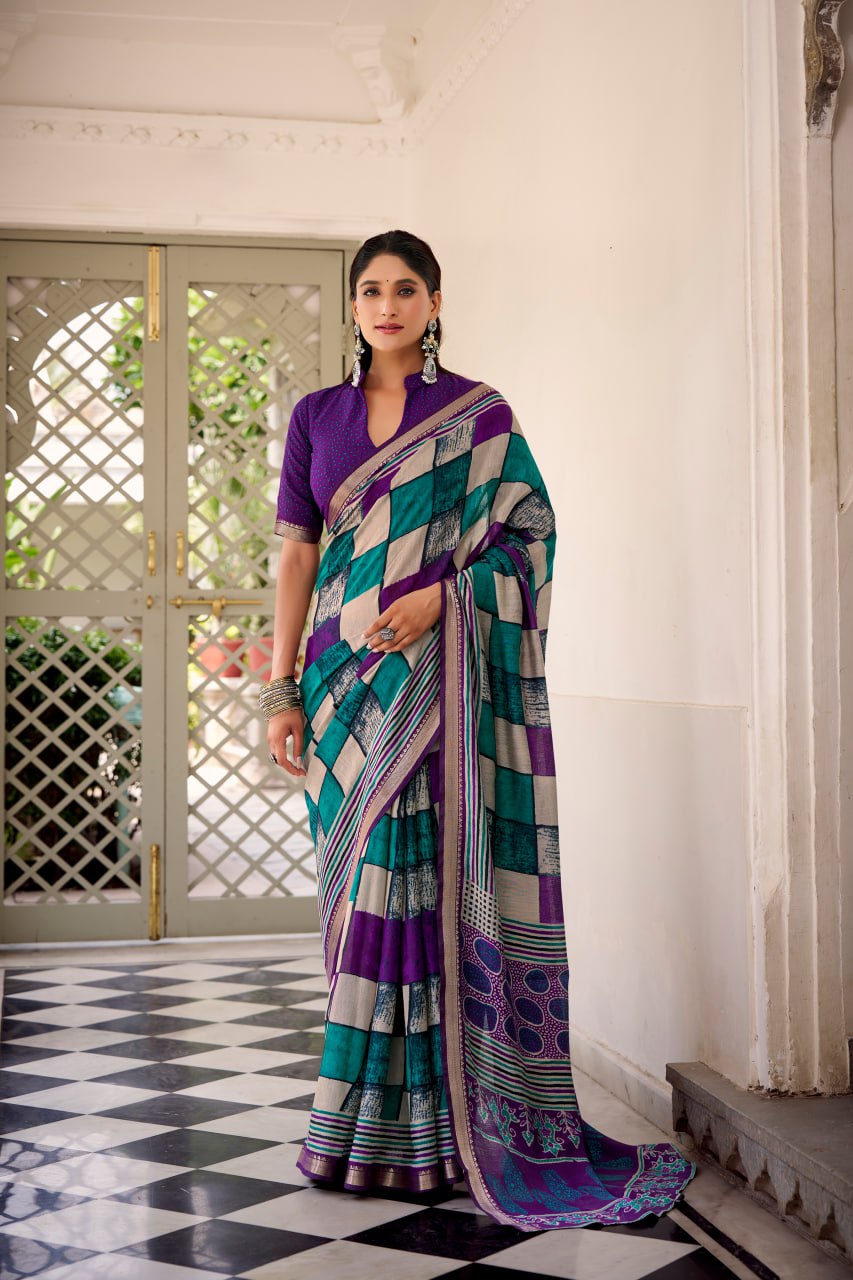 Purple Polyester Viscose Chanderi Saree with Printed Temple Border