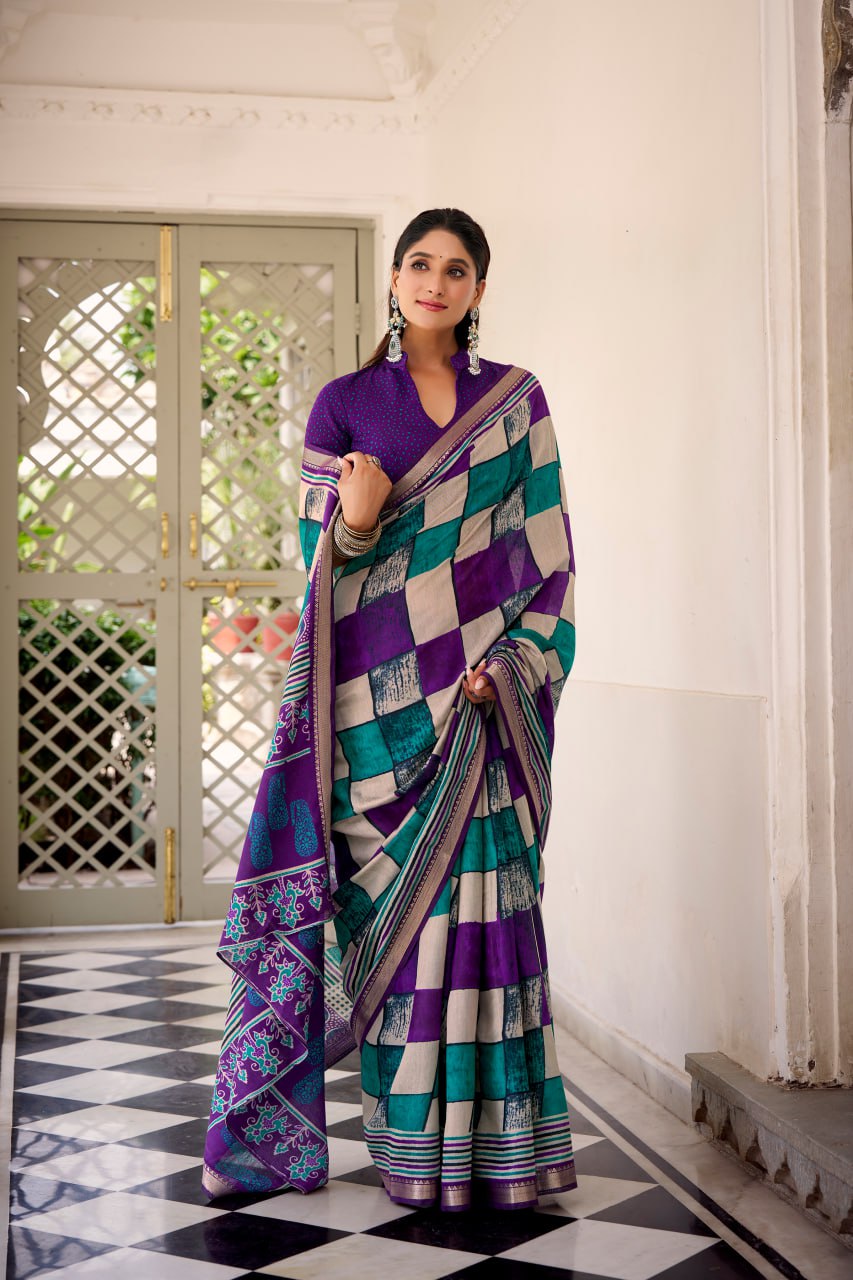 Purple Polyester Viscose Chanderi Saree with Printed Temple Border