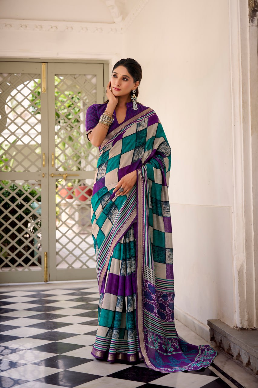 Purple Polyester Viscose Chanderi Saree with Printed Temple Border
