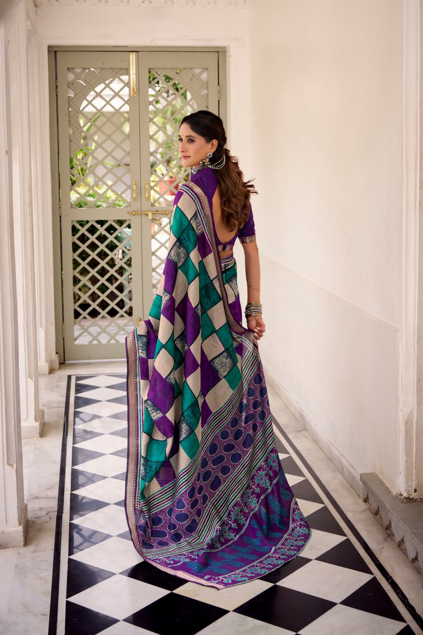 Purple Polyester Viscose Chanderi Saree with Printed Temple Border