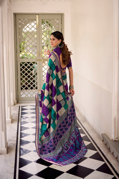 Purple Polyester Viscose Chanderi Saree with Printed Temple Border