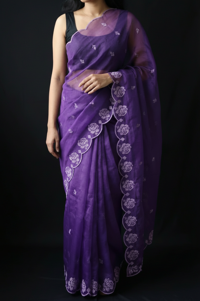 Purple Pure Organza Saree with Sequins Embroidery Border Work Blouse