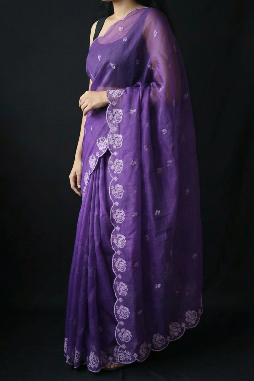 Purple Pure Organza Saree with Sequins Embroidery Border Work Blouse