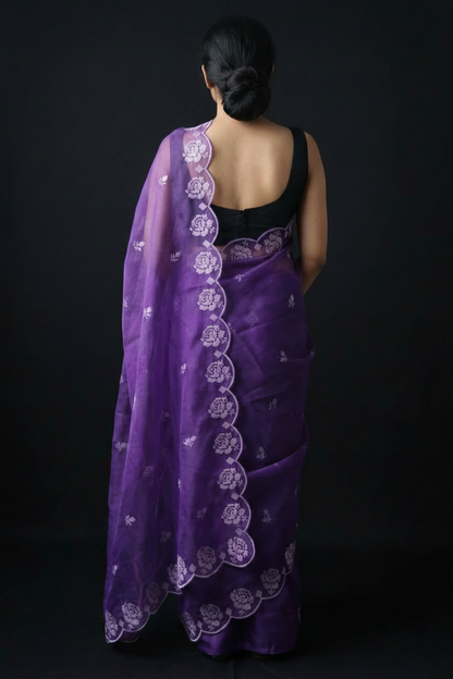 Purple Pure Organza Saree with Sequins Embroidery Border Work Blouse