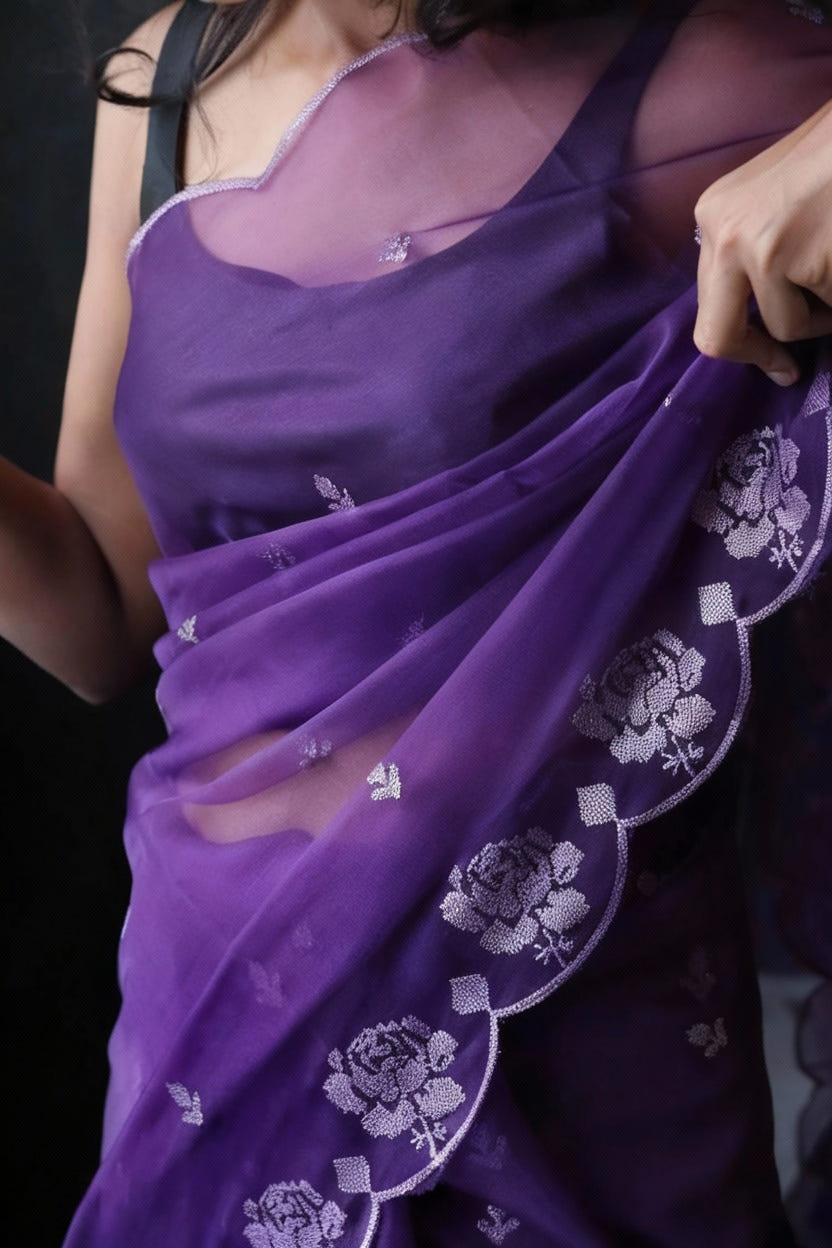 Purple Pure Organza Saree with Sequins Embroidery Border Work Blouse
