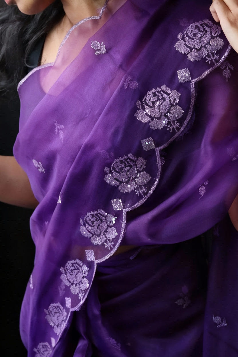 Purple Pure Organza Saree with Sequins Embroidery Border Work Blouse