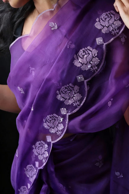 Purple Pure Organza Saree with Sequins Embroidery Border Work Blouse