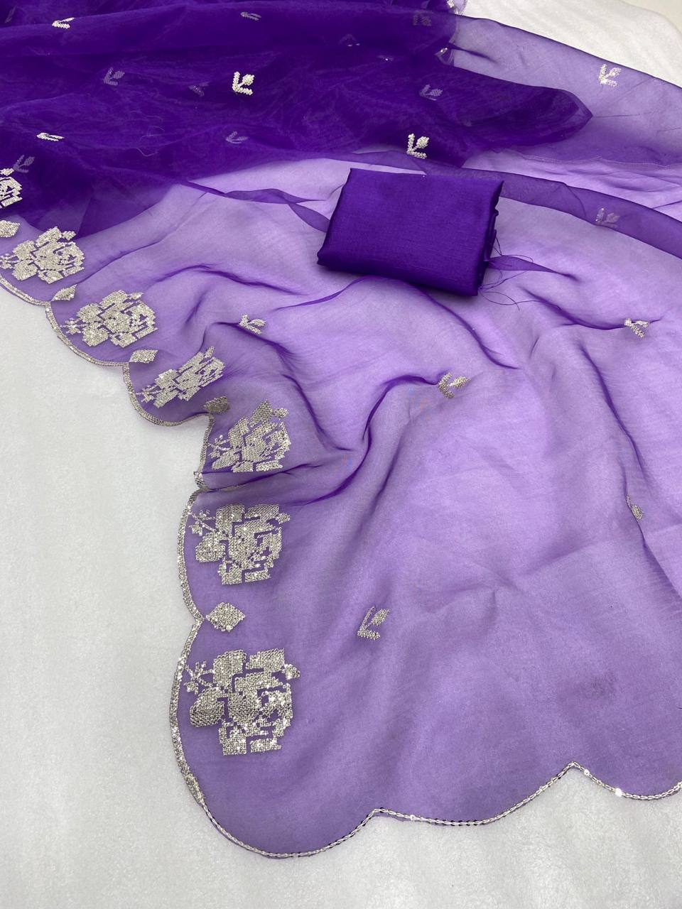 Purple Pure Organza Saree with Sequins Embroidery Border Work Blouse