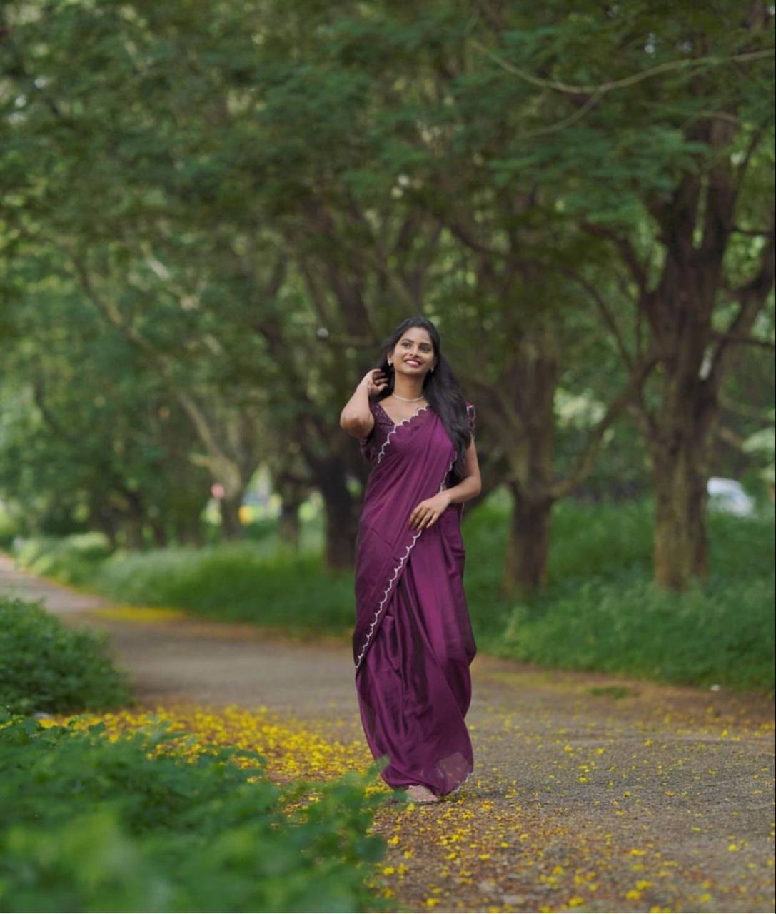 Purple Rangoli Silk Saree with Aarko Border & Net Sequins Work Blouse