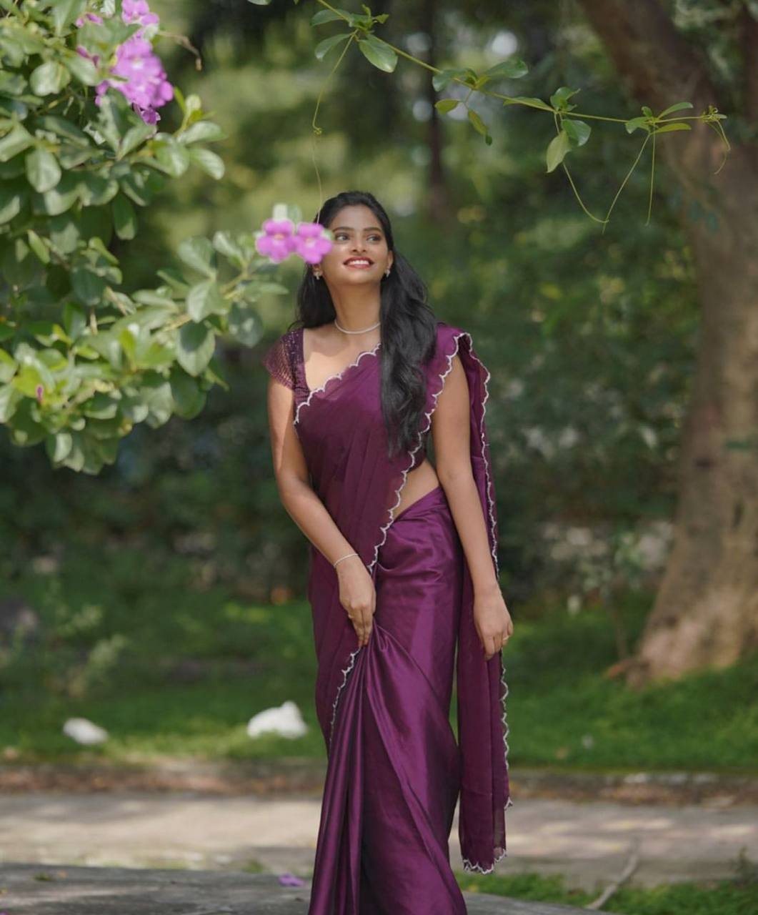 Purple Rangoli Silk Saree with Aarko Border & Net Sequins Work Blouse