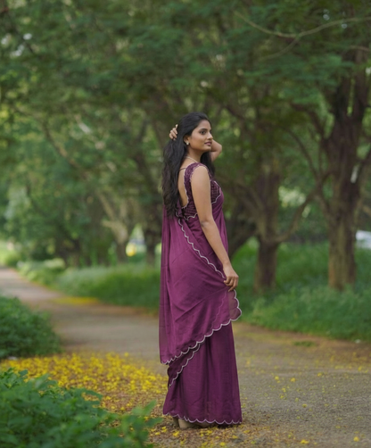 Purple Rangoli Silk Saree with Aarko Border & Net Sequins Work Blouse